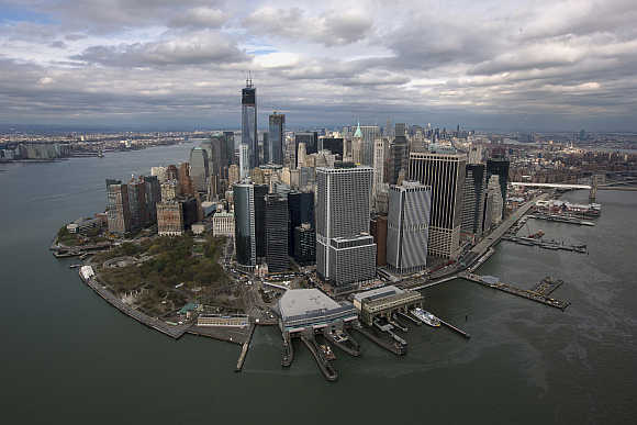 An aerial view of the Manhattan skyline in New York City.