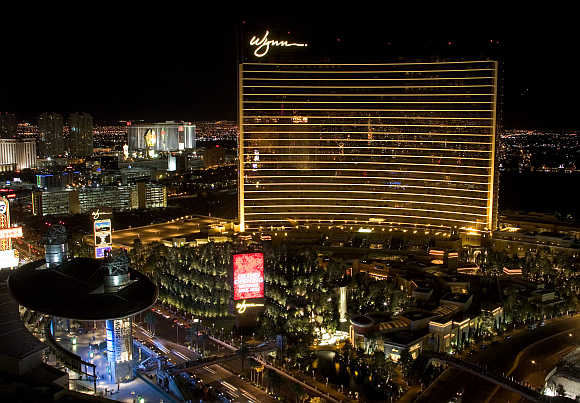 Wynn Las Vegas is seen from the roof of the Treasure Island Hotel and Casino in Las Vegas, Nevada, United States.