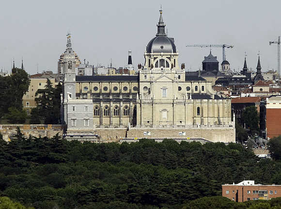 A view of Almudena Cathedral in Madrid, Spain.