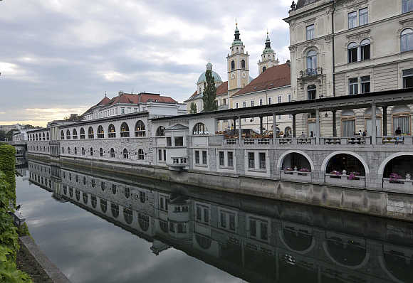 A view shows the Ljubljanica river, in the old part of Ljubljana, Slovenia.