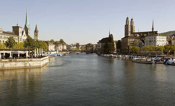 A view shows the city of Zurich and the Limmat River.