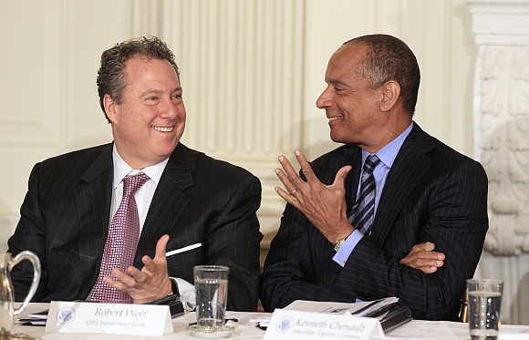 American Express Chairman and CEO Ken Chenault, right, with Chairman and CEO for UBS Group Americas Robert Wolf, left, in Washington, DC.
