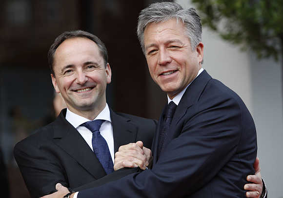 Co-CEOs Bill McDermott, right, and Jim Hagemann Snabe, left, of software giant SAP in Mannheim, Germany.