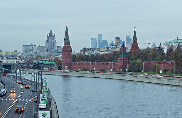 A view of Moscow's Kremlin, Ministry of Foreign Affairs and Moscow City business district, Russia.