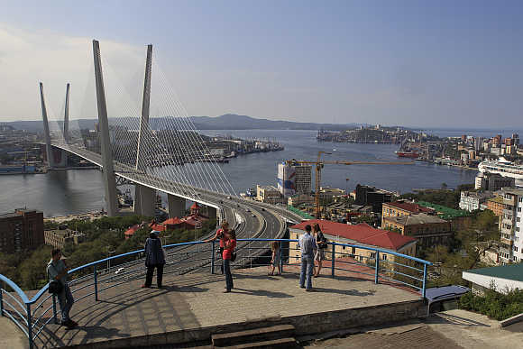 A view of a bridge over the Golden Horn bay in the Russian far-eastern city of Vladivostok.