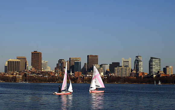 A view of the Charles River in front of the Boston skyline in Cambridge, Massachusetts, United States.