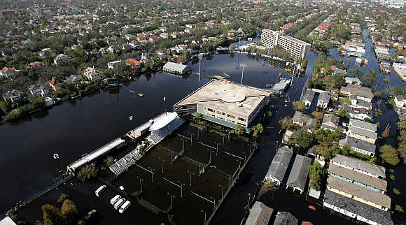 Part of the Tulane University campus is covered in floodwaters from Hurricane Katrina in New Orleans, United States.