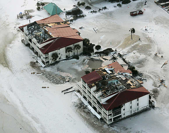 A view of buildings damaged by Hurricane Ivan in Pensacola Beach, Florida, United States.