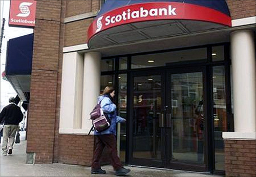 A customer walks into the Scotiabank on Spring Garden road in Halifax, Nova Scotia.