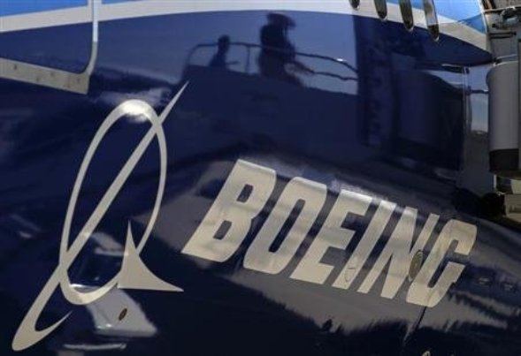 The Boeing logo is seen on a Boeing 787 Dreamliner airplane in Long Beach, California.
