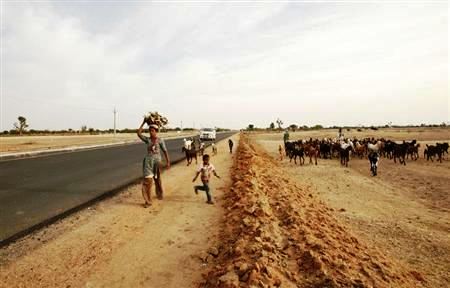 A woman carries firewood along a newly constructed road at Merta district in Rajasthan.