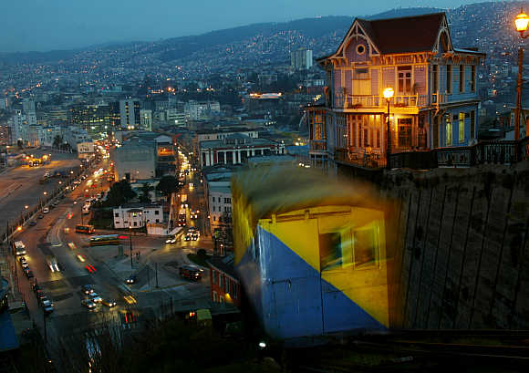 A nocturnal view of the 'Artilleria' funicular railway in the port city of Valparaiso, 137km northwest of Santiago, Chile.