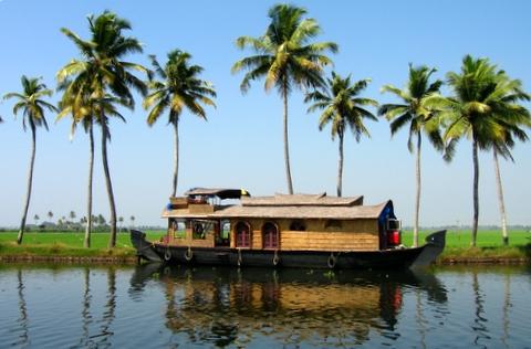 A typical houseboat in the Kerala backwaters near Alleppey,