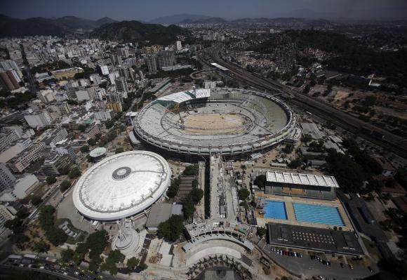 An aerial view shows the roof installation at the Maracana Stadium, which is undergoing renovation for the 2014 World Cup, in Rio de Janeiro.