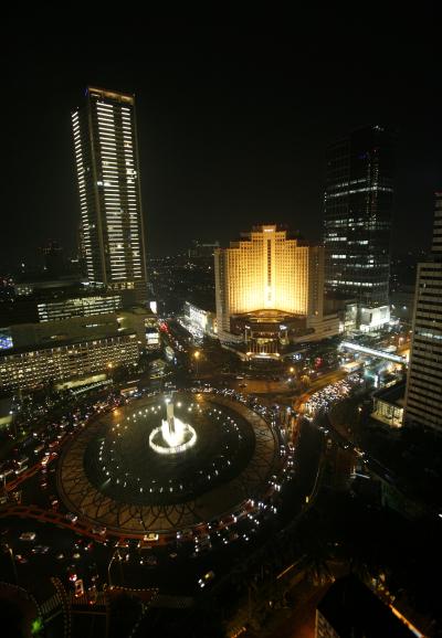 The Welcome Statue fountain is seen before Earth Hour in Jakarta.