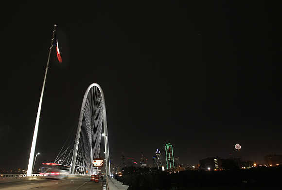 A view of 446-foot-high Margaret Hunt Hill Bridge in Dallas, Texas, United States.