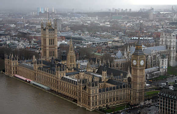 A view from the London Eye shows the Houses of Parliament in central London, United Kingdom.