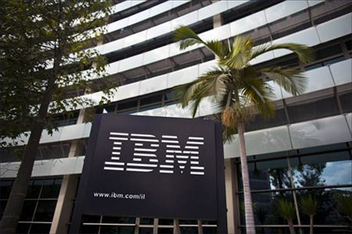 The IBM logo is seen outside the company's offices in Petah Tikva, near Tel Aviv.