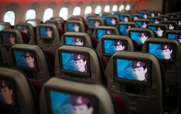 Seats and screens in the economy class cabin of Qatar Airways' new Boeing 787 Dreamliner.