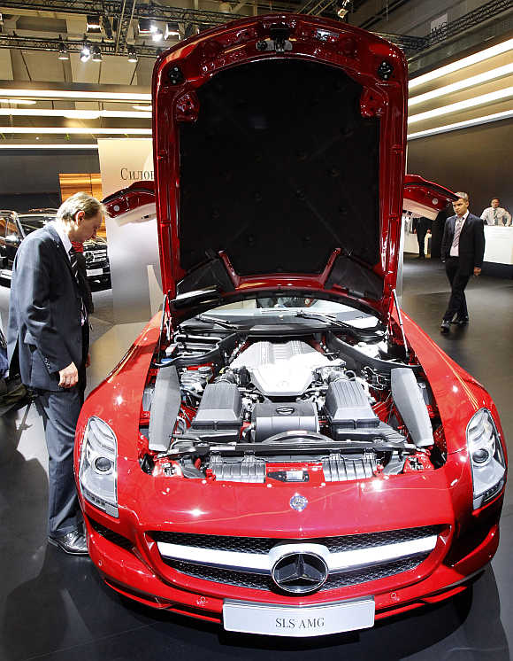 A Mercedes-Benz SLS AMG is on display at the Moscow Auto Salon.