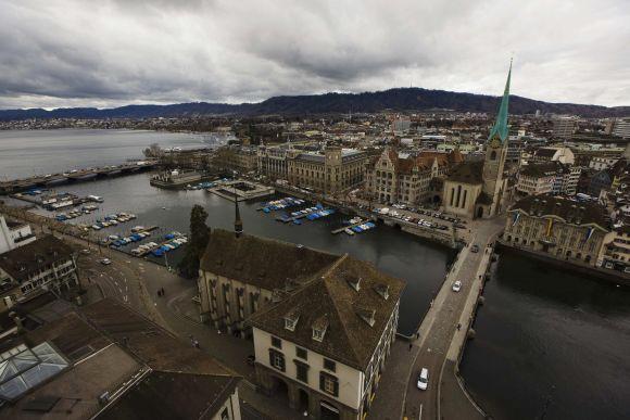A general view shows the city of Zurich with the Fraumuenster church (R) and the lake Zurich (L).