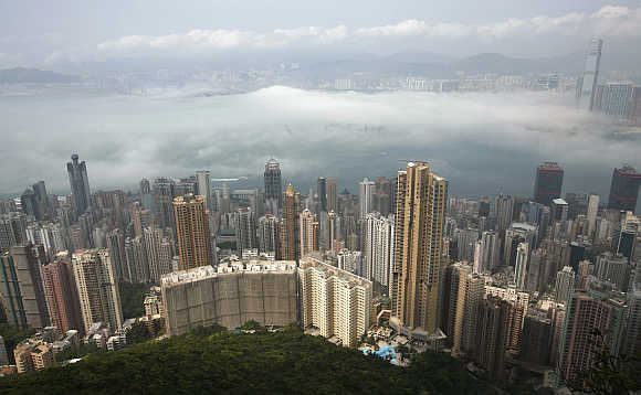 An aerial view of Hong Kong's cityscape.