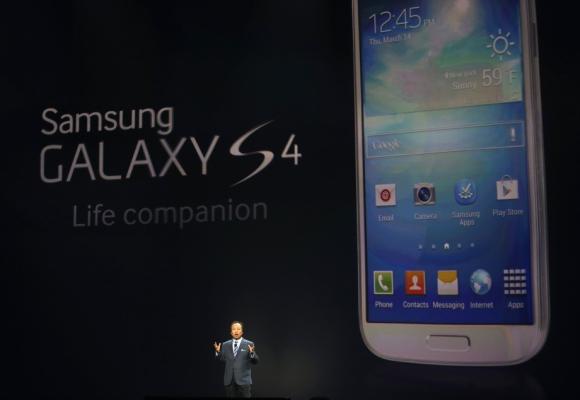 JK Shin, President and head of IT and Mobile Communication Division, introduces Samsung Electronics Co's Galaxy S4 phone during its launch.