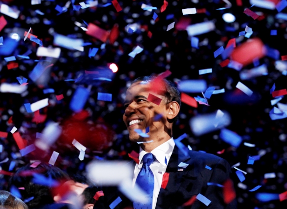 U.S. President Barack Obama celebrates on stage as confetti falls after his victory speech during his election rally in Chicago, November 6, 2012.