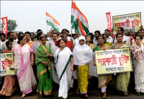 Mamata Banerjee marches with party activists during a protest rally against Tata at Singur.