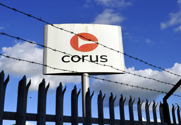 A Corus steel company logo is seen on the outskirts of Llanelli in Wales.