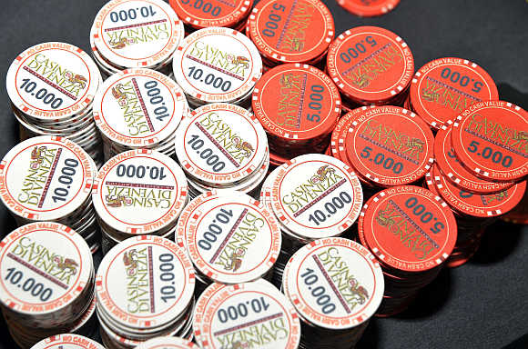 Chips are seen on the table after the World Poker Tour Venice event at the Casino di Venezia in Venice, Italy.