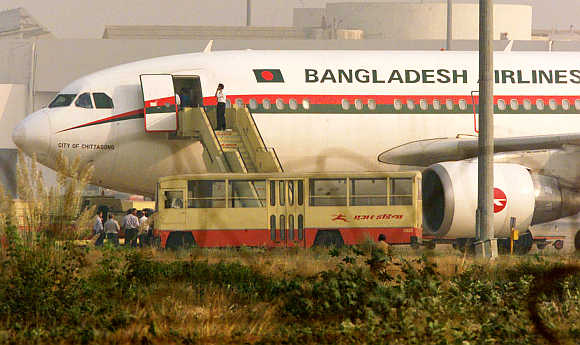 Biman Bangladesh Airlines flight at New Delhi's International Airport.