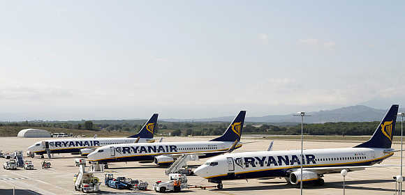 Ryanair planes parked at Girona Airport in Spain.