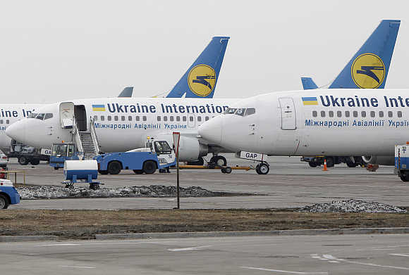 Planes of Ukrainian International Airlines at Borispol Airport, near Kiev, Ukraine.