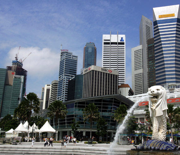 Singapore Merlion is seen in front of the city centre, in Singapore.
