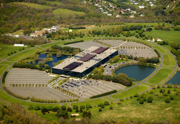 Aerial view of Bell Labs Holmdel Complex. The Bell Labs building in Holmdel is an architectural heirloom, designed by renowned architect Eero Saarinen.
