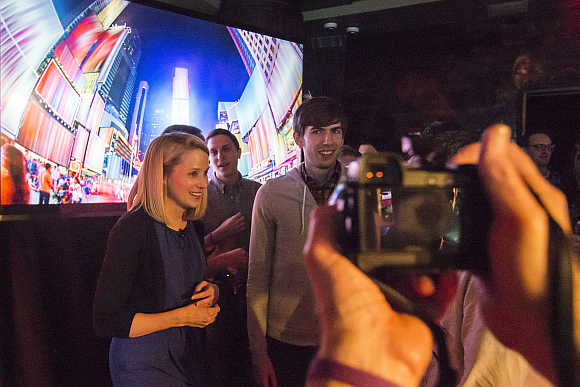 Yahoo CEO Marissa Mayer and Tumblr founder and CEO David Karp are photographed after a news conference in New York.