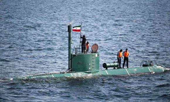 An Iranian submarine in the strait of Hormuz, an important oil supply route to the West.