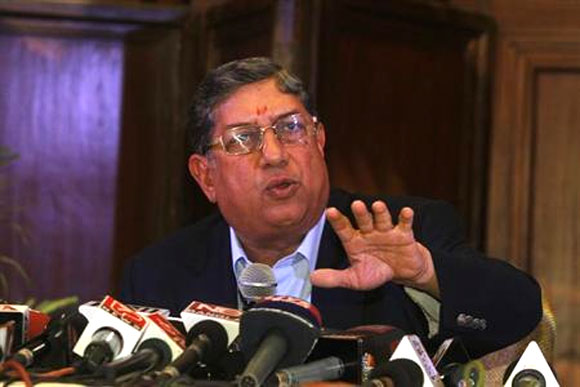 BCCI President N. Srinivasan speaks to the media during a news conference.