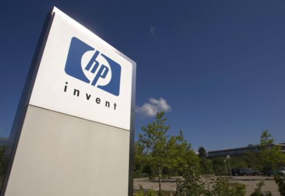 A HP Invent logo is pictured in front of Hewlett-Packard international office.