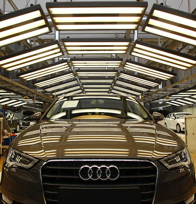 An Audi A3 at the final check area at the production line of the German car manufacturer's plant in the Bavarian city of Ingolstadt, Germany.