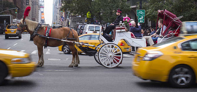 Sightseers await to turn in an intersection during a Central Park carriage ride in New York City, United States.