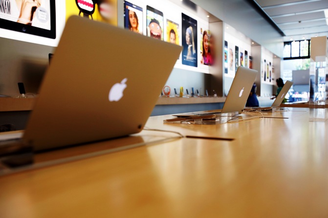 MacBook Air laptops are pictured on display at an Apple Store.