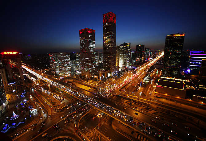 A view of the city skyline from the Zhongfu Building at night in Beijing, China.