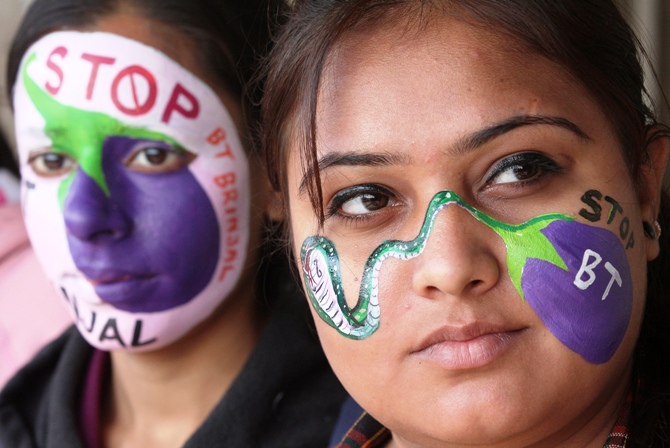 This file photograph shows students from the department of environment studies pose with their painted faces during a protest against 'bacillus thuringniensis' Bt brinjal in Chandigarh.