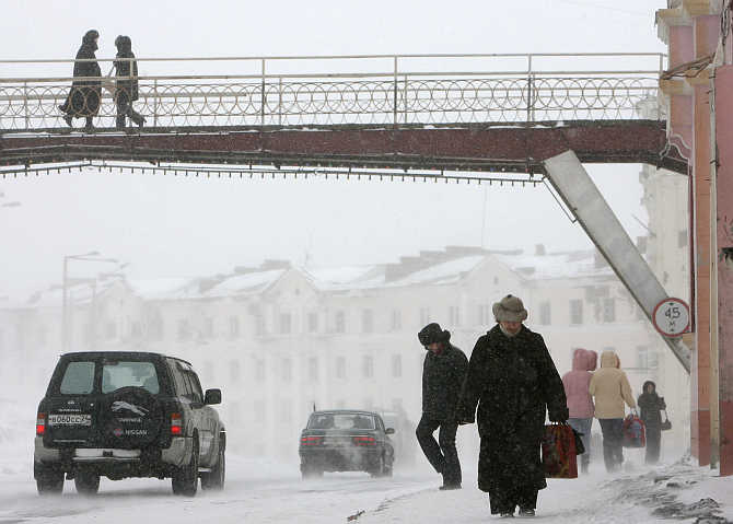 A snowstorm hits the industrial city of Norilsk, Russia.