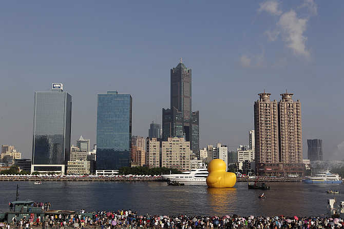 A 'Rubber Duck' by Dutch conceptual artist Florentijn Hofman on display at Kaohsiung Harbor, southern Taiwan.