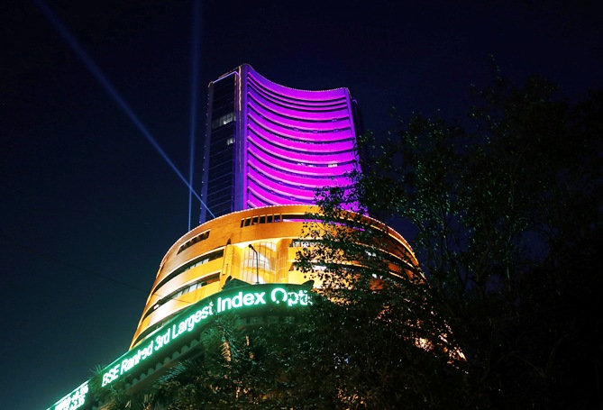 The Bombay Stock Exchange building is illuminated during the Diwali special trading session.
