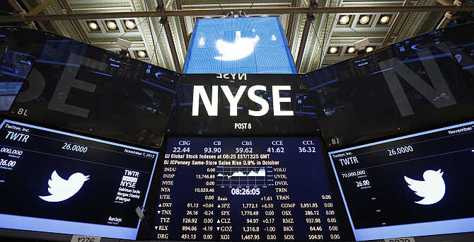 Twitter logo on the floor before the company's IPO at the New York Stock Exchange.