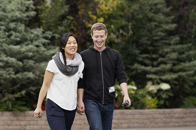 Facebook CEO Mark Zuckerberg with his wife Priscilla Chan at the Sun Valley, Idaho Resort, United States.